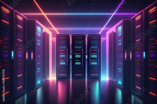 Generative AI data center room with mainframe storage servers, cloud network concept, hosting databases and internet, Modern Telecommunications, Artificial Intelligence,server room