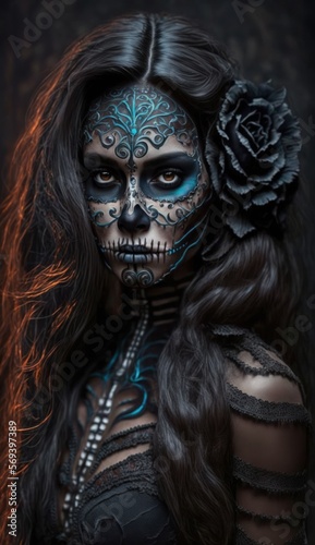 Day of the dead  Dia de los muertos character. Skull face make up. Generative by AI
