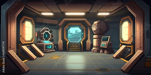 Fototapeta Naklejka Na Ścianę i Meble -  Sci-fi spaceship interior, 2D game background, game scene digital illustration, Generative AI