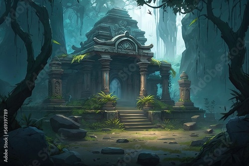 Ancient temple in the forest. 2D game background. Digital illustration of scenery for an adventure game  Generative AI