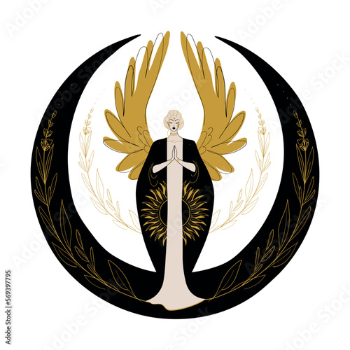 Mystical moon woman angel. Sacred boho tattoo, mystical astrological symbol, esoteric. Emblem for witch, mythical goddess. Vector line art illustration isolated on white.