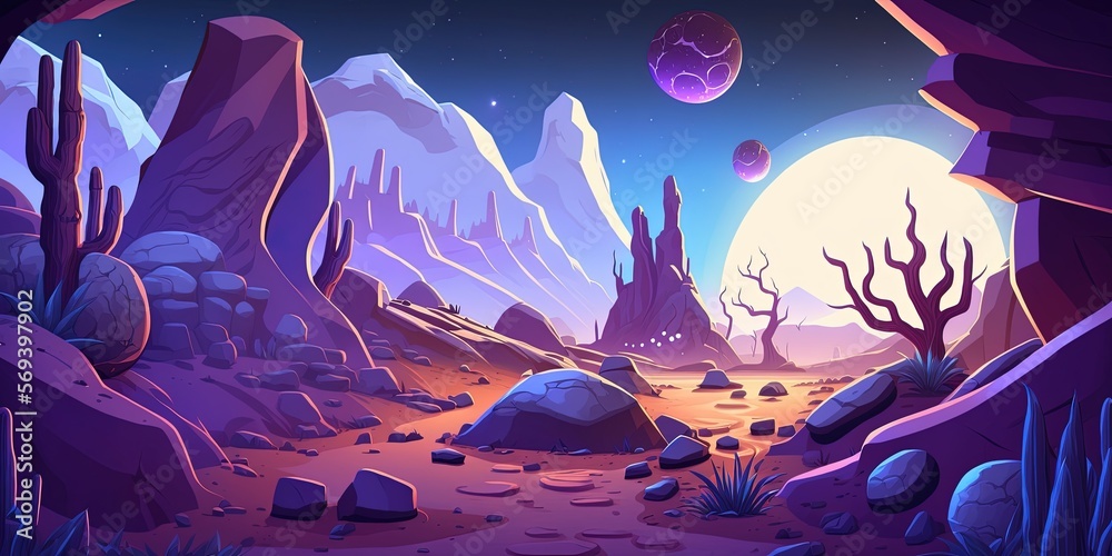 Alien planet with purple soil, 2D game background, digital illustration of scenery for space game, Generative AI
