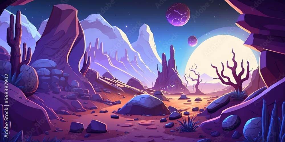 Alien planet with purple soil, 2D game background, digital illustration of scenery for space game, Generative AI
Alien planet with purple soil, 2D game background, digital illustration of scenery for space game, Generative AI