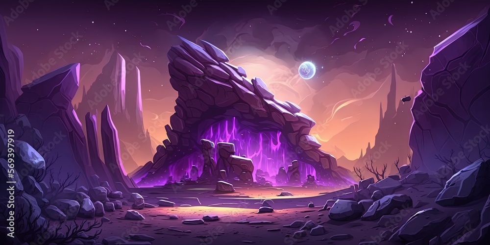 Alien planet with purple soil, 2D game background, digital illustration of scenery for space game, Generative AI
