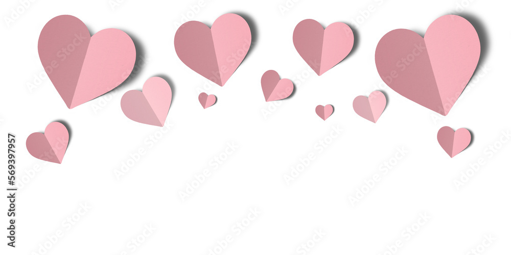 Pink paper hearts isolated on transparent background. Valentine's day.