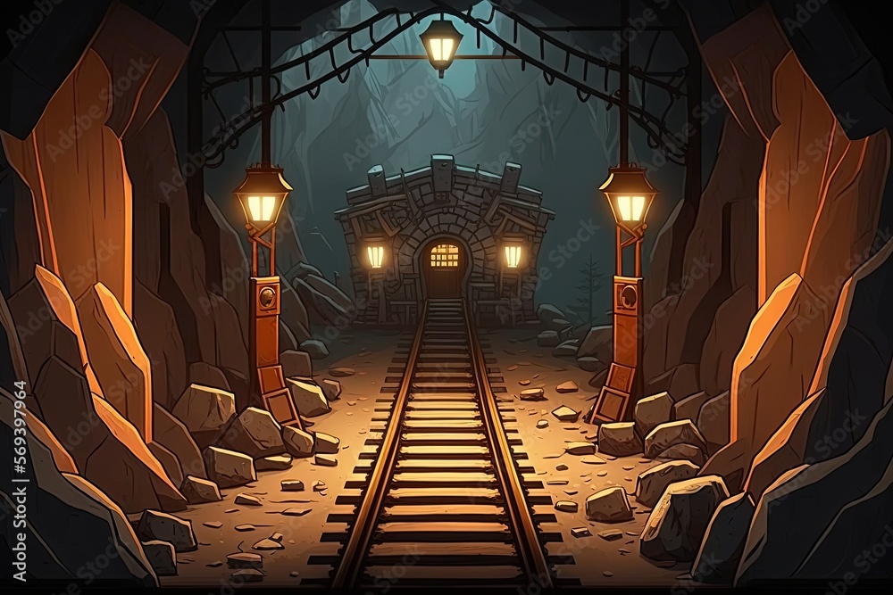Underground mine with wooden structure and rails. 2D game background