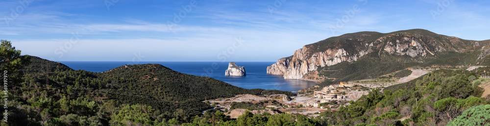 Mine of Masua on the rocky sea coast of Sardinia, Italy. Sunny Day. Panorama