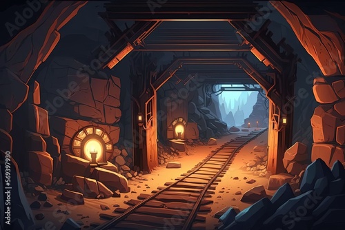 Underground mine with wooden structure and rails. 2D game background. Digital illustration of scenery for an adventure game, Generative AI photo