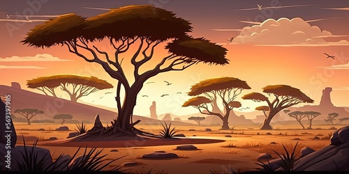 African savanna. 2D game background. Digital illustration of scenery for an adventure game  Generative AI