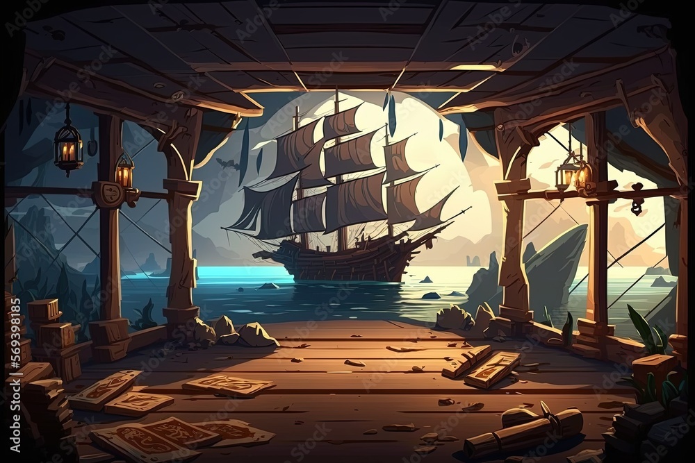 Docked pirate ship. 2D game background. Digital illustration of scenery for an adventure game, 