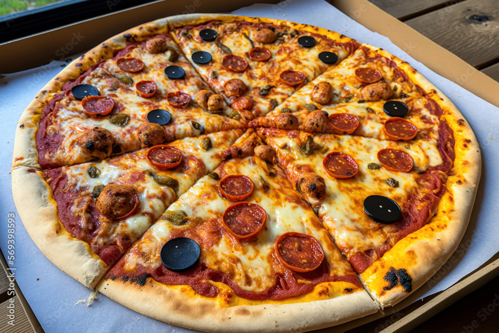 Pizza topped with chicken wings, pepperoni, sausage, and barbecue sauce ...