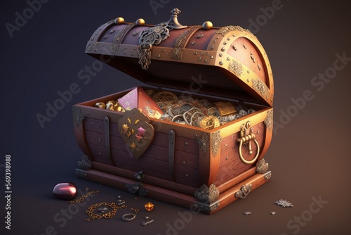 Open treasure chest with gold and gems, fantasy chest, Digital illustration, Generative AI photo