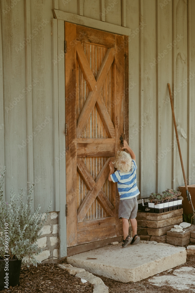 young boy reaching up on tip toes trying to open a rustic wooden door  of a farm building