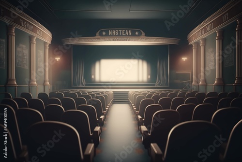 An empty theater with rows of seats and a projector screen, cinematic movie image, Generative Ai