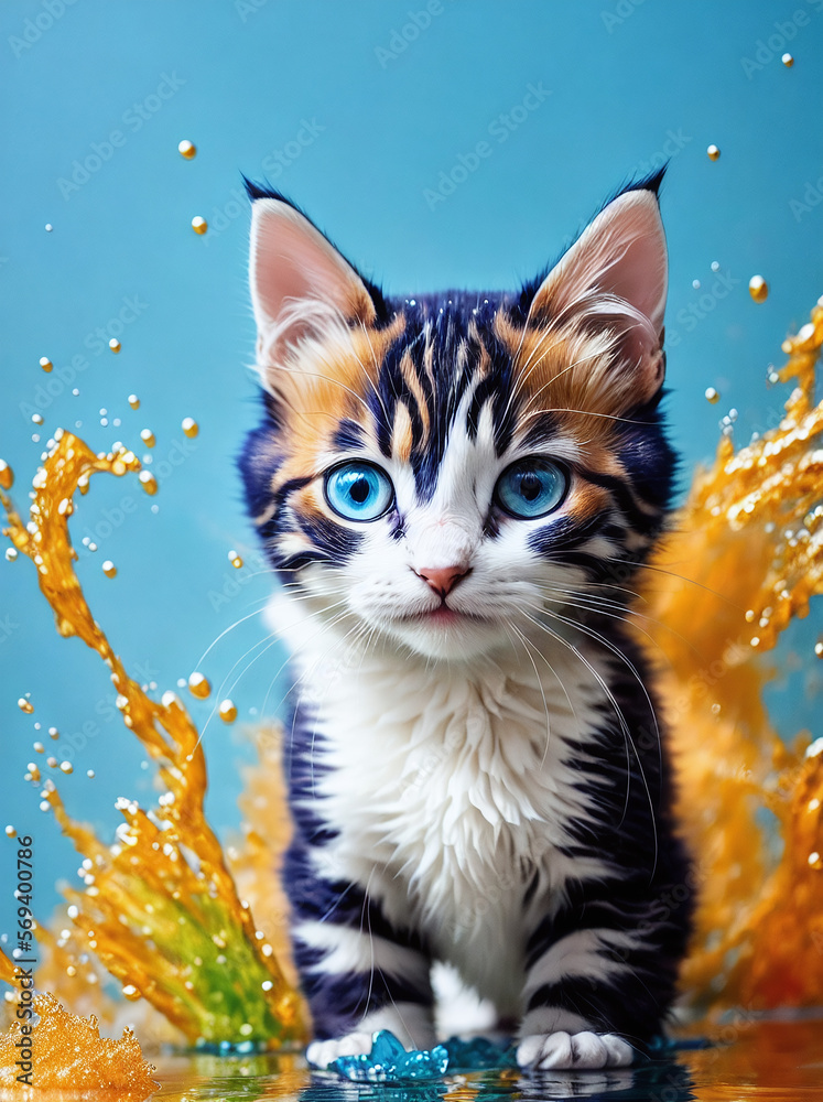 Un Tierno Gatito Rodeado de Agua de Colores, IA Generativa