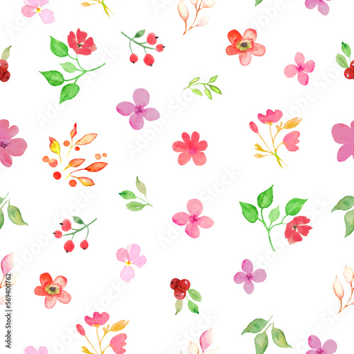 Watercolor floral seamless pattern with abstract colorful flowers, berries. Hand drawn spring illustration isolated on white background. Vector EPS.