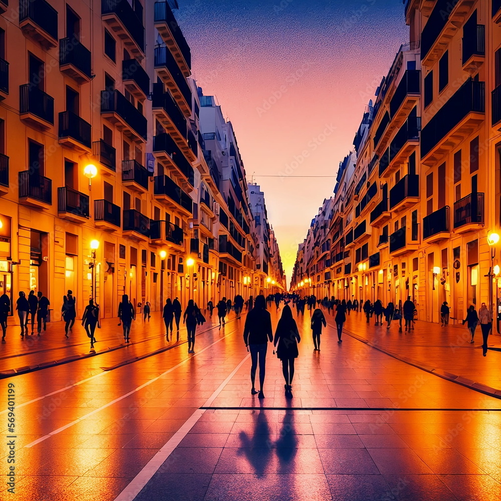 a clean empty street at night in Barcelona, people walking on the sidewalk, sunset, golden lights, lighting, fantasy, generated in AI