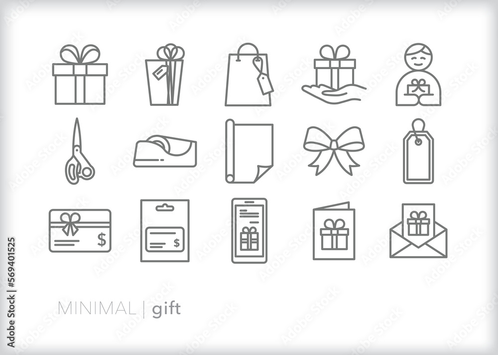 Set of gift line icons of presents, gift cards, cards and packaging to treat someone Set of gift line icons of presents, gift cards, cards and packaging to treat someone