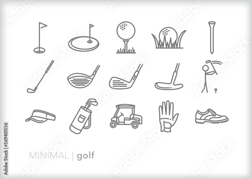 Set of golf line icons of clubs, putters, balls and greens for a day on the course