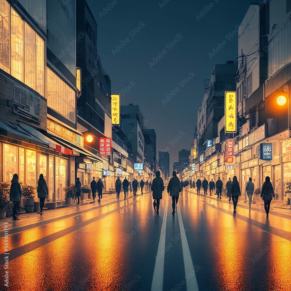 a clean empty street at night in Seol, people walking on the sidewalk, sunset, golden lights, lighting, fantasy, generated in AI