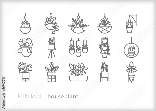 Set of houseplant line icons of potted and hanging plants for decorating a home and cleaning the air
