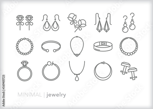 Set of jewelry line icons of earrings, bracelets and necklaces 
