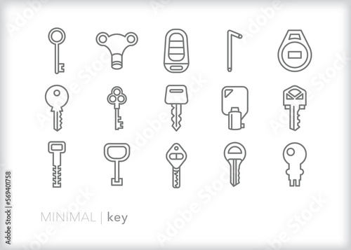 Set of key line icons of different types of keys to unlock items photo