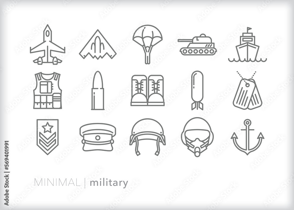 Set of military line icons of equipment, aircraft, and gear for soldiers and other service members