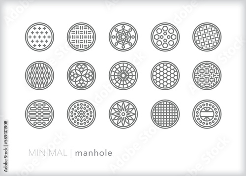 Set of manhole line icons of metal covers for street and drainage openings