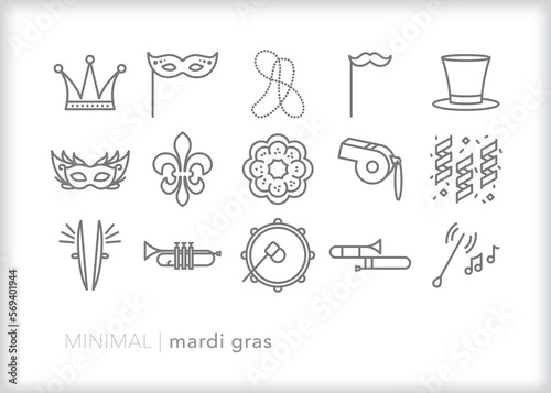 Set of Mardi Gras line icons of themes for celebrating the Carnival holiday