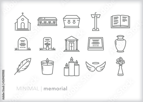 Fotografiet Set of memorial line icons of items for a funeral or service to remember a loved