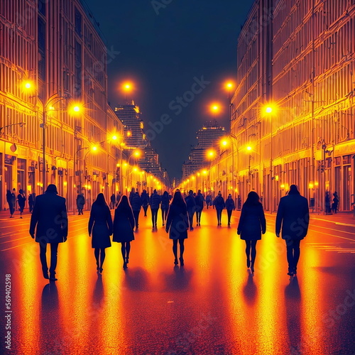 a clean empty street at night in Moscow, people walking on the sidewalk, sunset, golden lights, lighting, fantasy, generated in AI