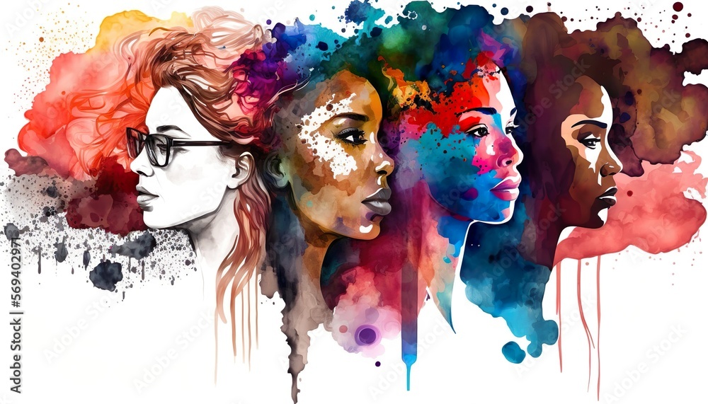 International Women's Day. Group of Multi-Ethnic Young Women. Femininity concept, diversity, Independence, Equality. Struggle for freedom. watercolor, people art. Generative AI