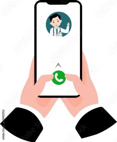 illustration of a hand holding a mobile phone making a phone call to a doctor online. online doctor consultation. consultation online with doctor. online doctor application