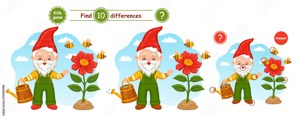 Cute garden gnome hold watering can, find 10 differences puzzle education children game. Fairytale small old gardening elf dwarf. Bees fly under flower. Search match. Kids preschool logic task. Vector Cute garden gnome hold watering can, find 10 differences puzzle education children game. Fairytale small old gardening elf dwarf. Bees fly under flower. Search match. Kids preschool logic task. Vector