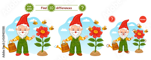 Cute garden gnome hold watering can  find 10 differences puzzle education children game. Fairytale small old gardening elf dwarf. Bees fly under flower. Search match. Kids preschool logic task. Vector