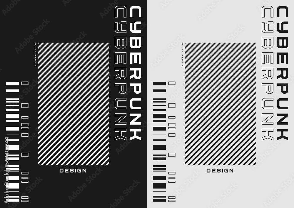 Cyberpunk futuristic poster set. Modern cyberpunk design for web and print template. Tech style flyer. Futuristic technology, black and white minimalistic design, inversion. Vector