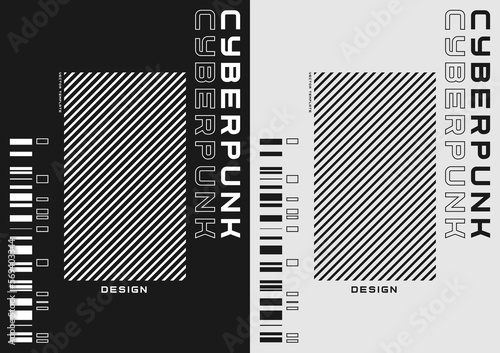 Cyberpunk futuristic poster set. Modern cyberpunk design for web and print template. Tech style flyer. Futuristic technology, black and white minimalistic design, inversion. Vector
