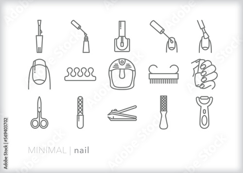 Set of nail line icons of items for a manicure, pedicure, or polish