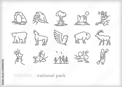 Set of national park line icons of animals, sites, and activities to enjoy the great American outdoors