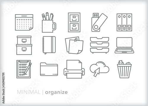Set of organization line icons of items for spring cleaning or getting files in order at home or in an office