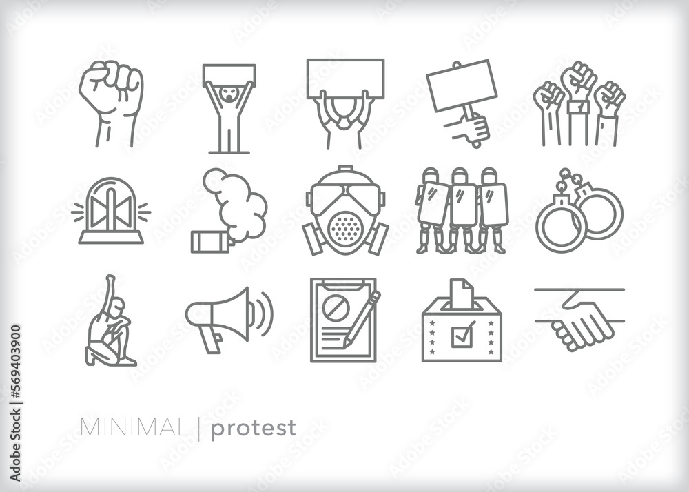 Set of protest line icons of themes for public protest and voicing dissent