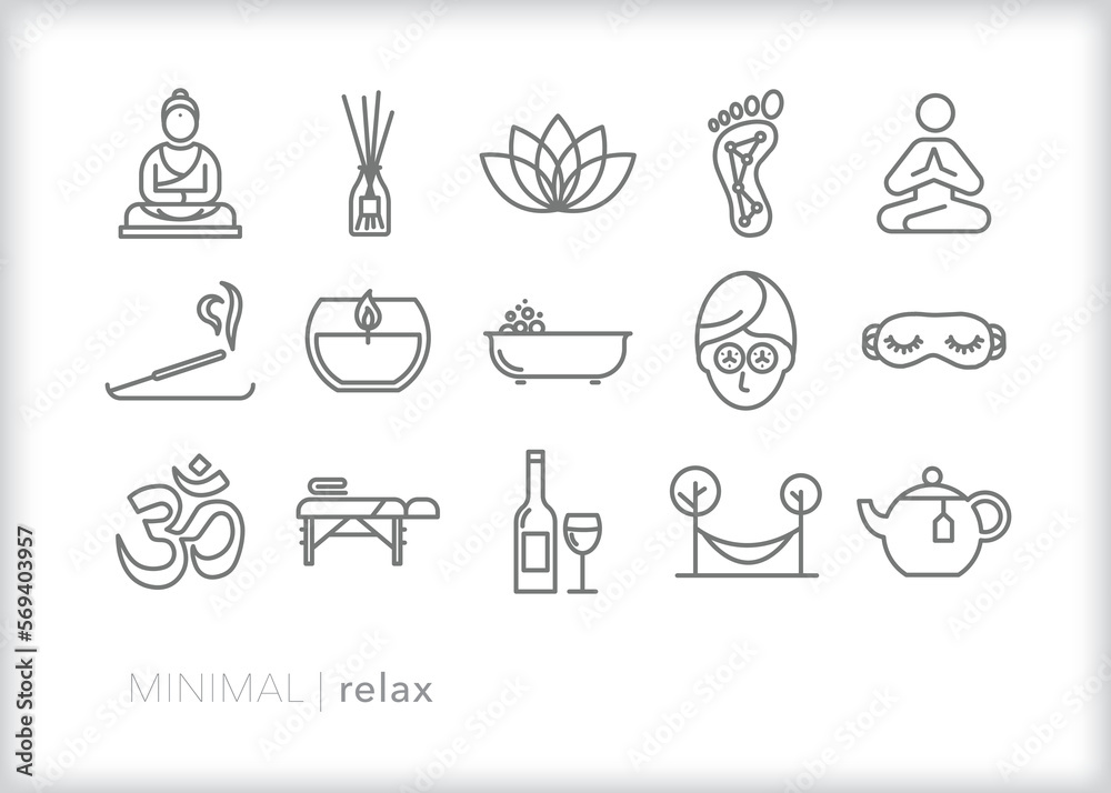 Set of relax line icons of items of self care, relaxation, spa and alone time