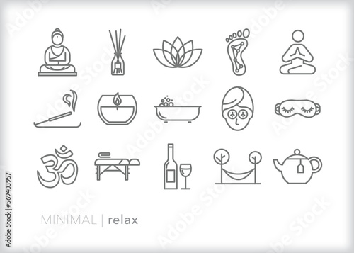 Set of relax line icons of items of self care, relaxation, spa and alone time