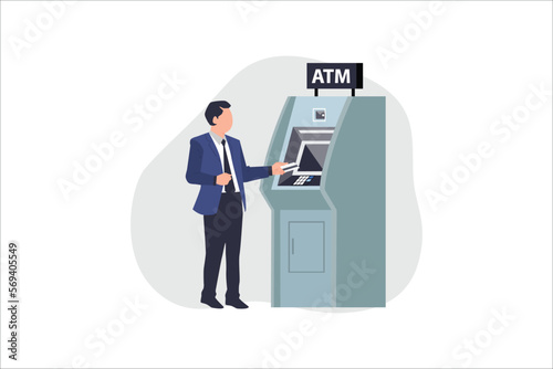 Man customer using credit card in atm machine and withdraw money. Flat style vector illustration isolated on white background.