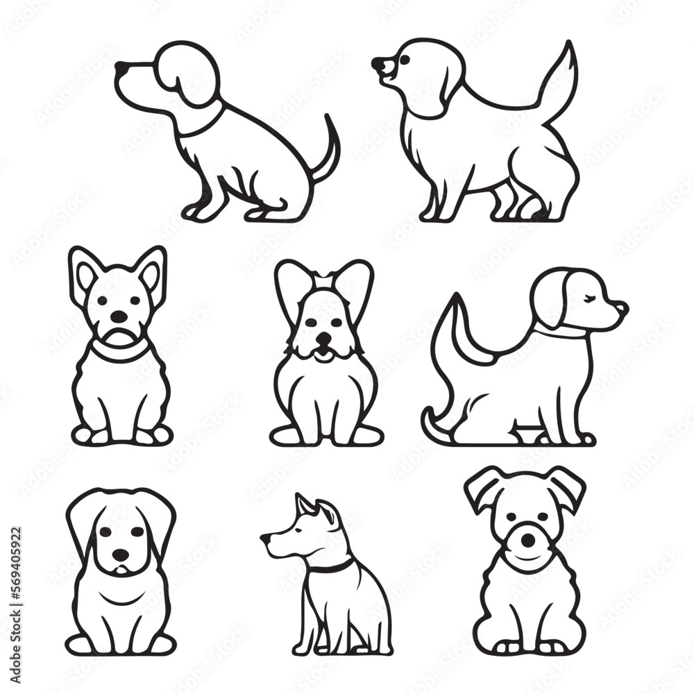 Cute Dog icon set, Dog flat icon in minimalist style. Dog logo black outline vector illustration.