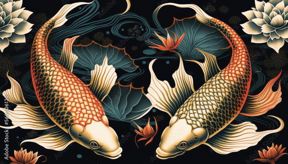 wallpaper of koi fish, vector illustration, colorful, Made by AI,Artificial intelligence Stock 