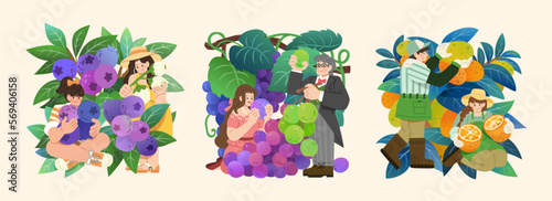 Drawing of fruits and characters