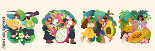 Drawing of fruits and characters