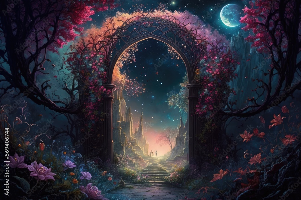  A celestial garden, with pathways lined with glittering flowers in every hue.  Digital art painting, Fantasy art, Wallpaper